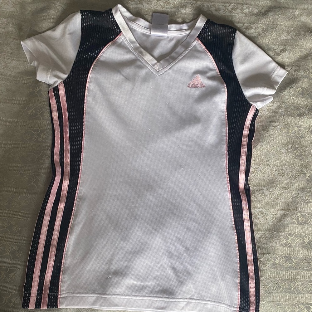 Girls white black and pink adidas shirt